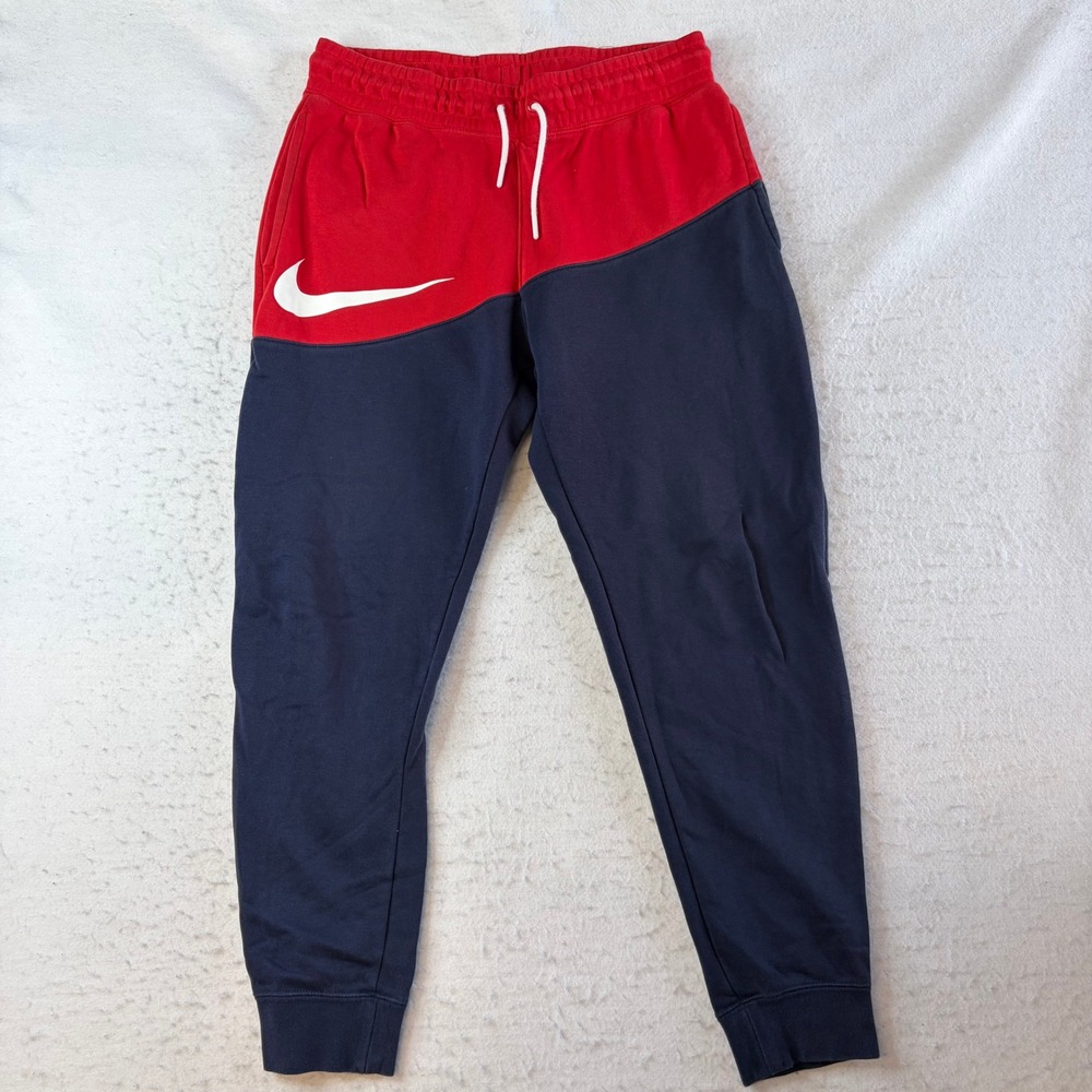 Nike Joggers Mens Medium Red Navy Blue Colorblock Swoosh Fleece Sweatpants